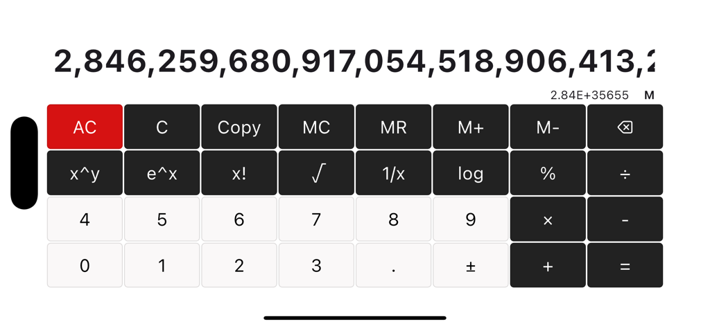 Big Number Calculator Pro - Landscape interface of Big Number Calculator Pro app displaying a massive multi digit integer for high precision calculations