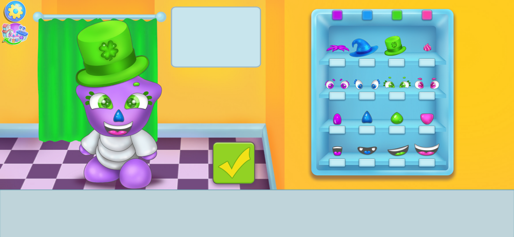 A character customization screen in the Fashion Frenzy mode of Purple Place showing a purple character being dressed with a green hat.