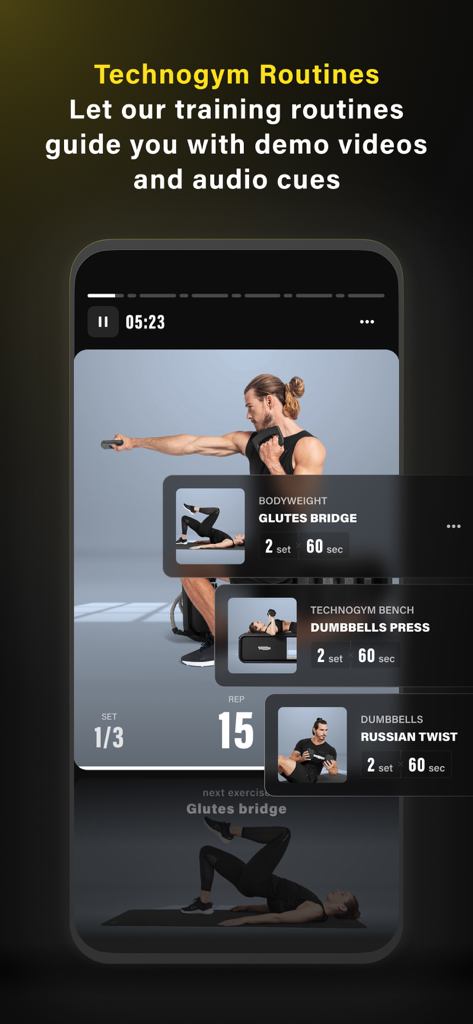 Technogym: Training & Gym app - Interface d'application mobile présentant les routines Technogym avec des vidéos de démonstration pour le pont fessier, le développé haltères et la rotation russe.