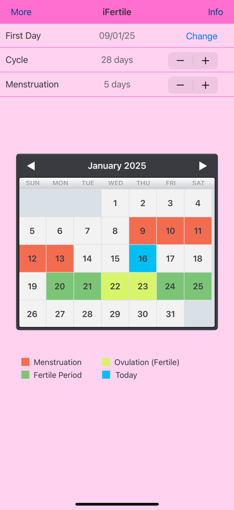 Monatskalender in der iFertile-App, der Menstruations- und Eisprungperioden hervorhebt.