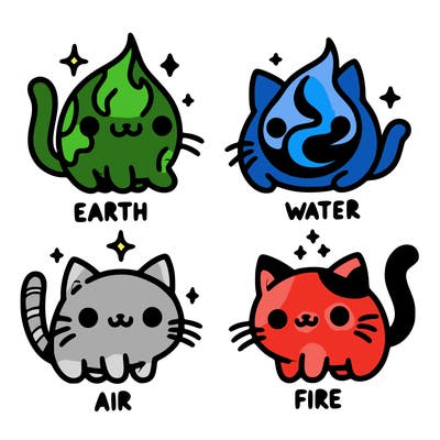 4 cats that represent the different elements, earth, water, air, and fire