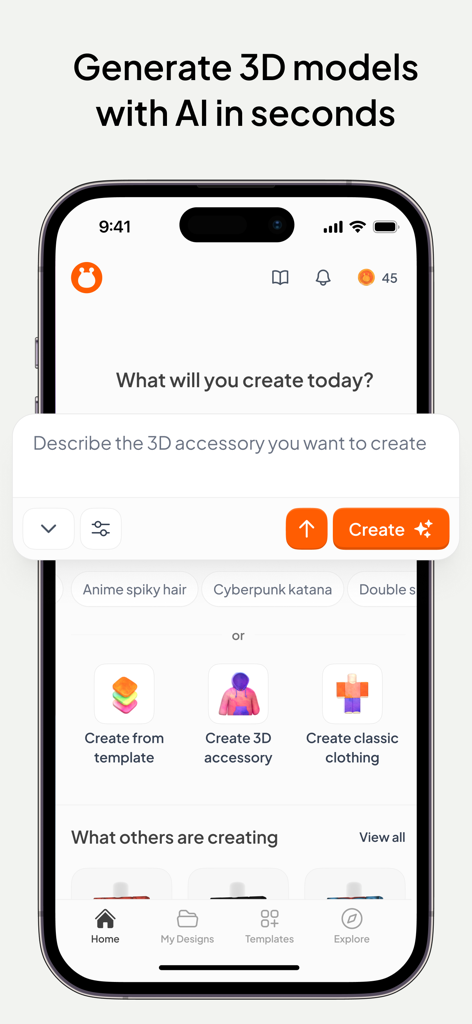 Customuse: 3D Skin Creator - The home screen of the Customuse app featuring an AI prompt bar to generate 3D models and accessories.