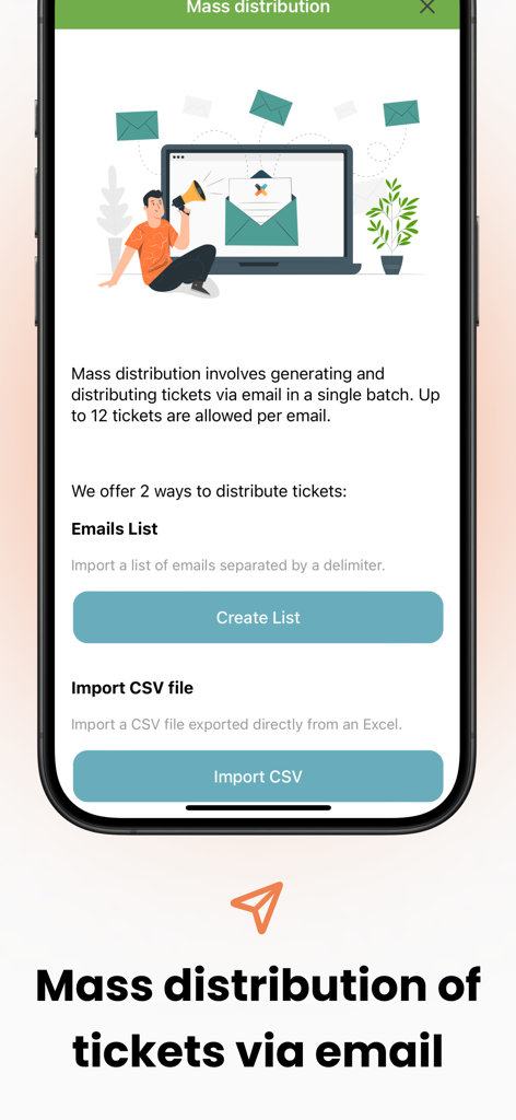 Talonarium - Pantalla de la aplicación Talonarium mostrando opciones de distribución masiva de entradas por lista de correo electrónico o importación CSV.