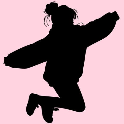 realistic girl jumping with a bun and oversized sweatshirt