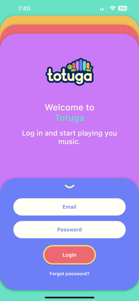 Totuga Music - Pantalla de inicio de sesión para la aplicación Totuga Music con campos para correo electrónico y contraseña.