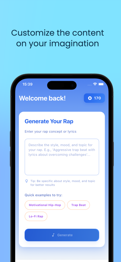 AI Rap Generator - RapAI - Interfaccia dell'app RapAI che mostra la schermata di generazione del tuo rap con un campo di testo per descrivere stili e argomenti.