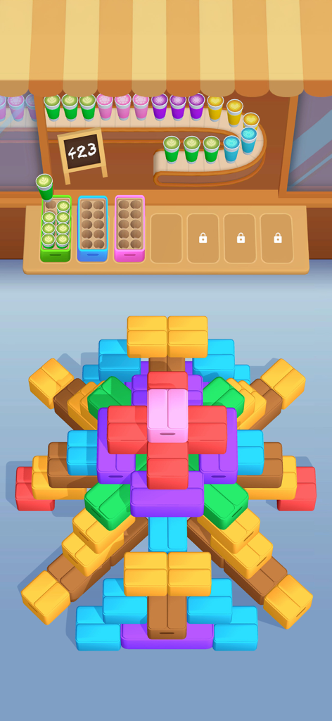 Coffee Craze - A screenshot of the Coffee Craze mobile game featuring colorful coffee cups on a conveyor belt and a complex stack of colored boxes to be sorted.
