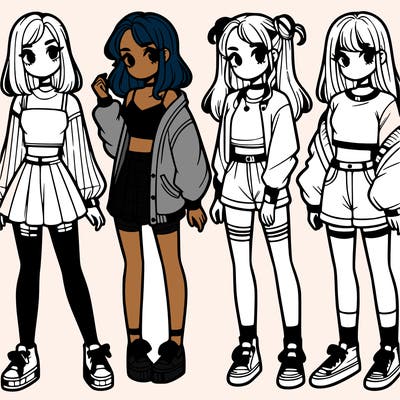 one girl with crop-top shirt and a jacket with a skirt, long socks and another girl with a shirt and pants with a jacket