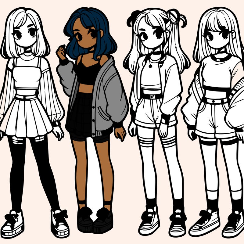 one girl with crop-top shirt and a jacket with a skirt, long socks and another girl with a shirt and pants with a jacket