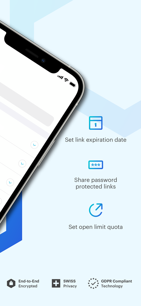 Tresorit app screen displaying secure link sharing options including password protection and expiration dates.