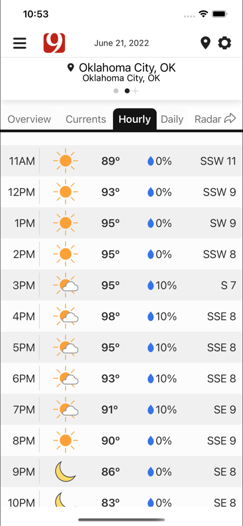 Hourly weather forecast for Oklahoma City on the News 9 Weather app showing temperatures and wind speed.