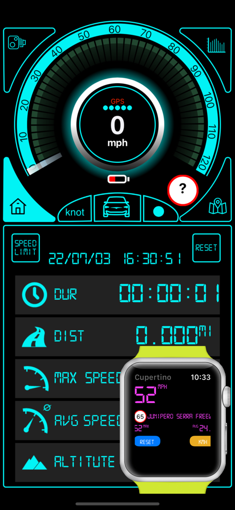 Speedometr - Speedometr app dashboard showing GPS speed and driving metrics on both iPhone and Apple Watch interfaces