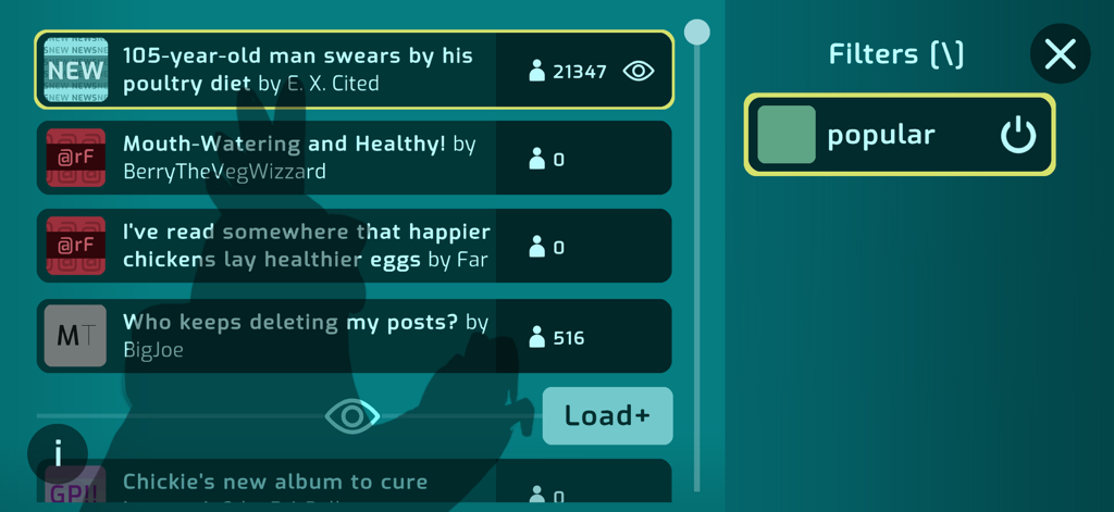 Chicken Intelligence Agency - Captura de tela da jogabilidade mostrando um feed de mídia social simulado com manchetes relacionadas a aves e um alternador de filtro de conteúdo.