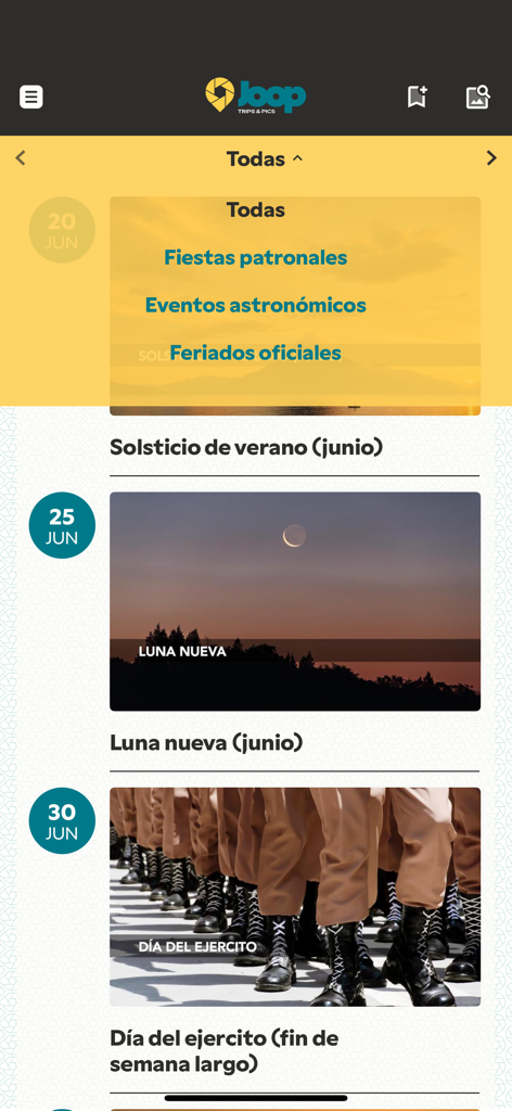 Joop - Joop app interface showing a calendar of cultural and astronomical events in Guatemala