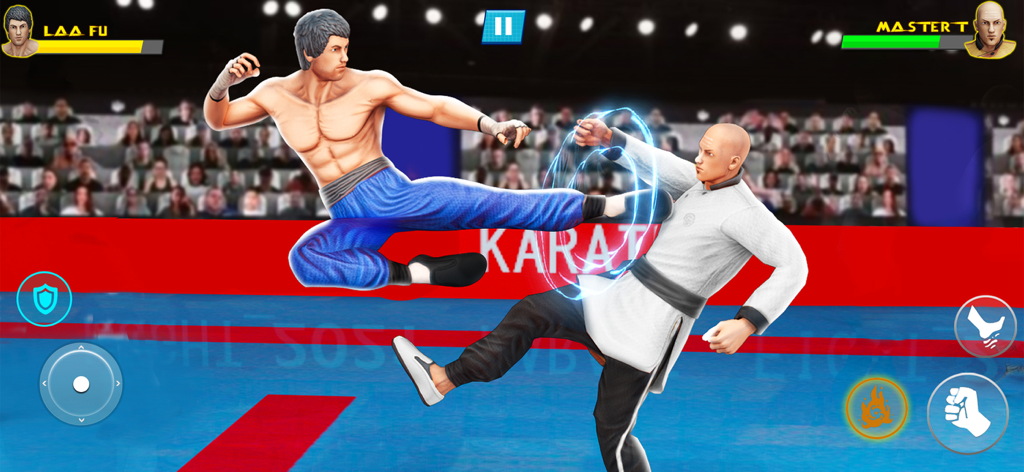 Kung Fu Karate: Fighting Games - Una captura de pantalla del juego de Kung Fu Karate que muestra a un artista marcial realizando una patada voladora contra un oponente en un ring 3D