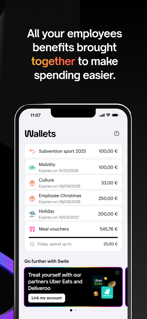 Swile app interface displaying various employee benefit wallets and balances
