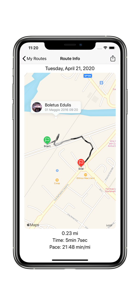 Track My Mushrooms - Track My Mushrooms app interface showing a foraging route map with a mushroom discovery marker