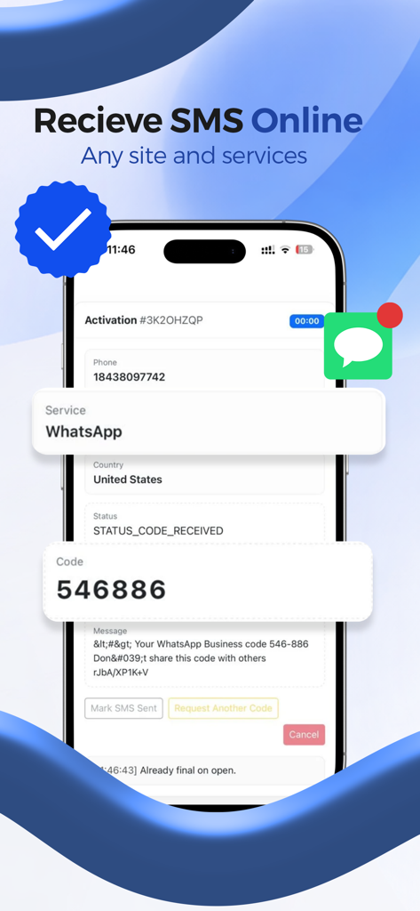 미국 가상 전화번호를 사용하여 WhatsApp SMS 인증 코드를 받는 가상 번호 받기 앱을 보여주는 스마트폰 화면
