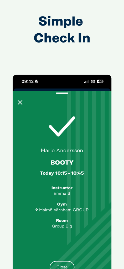 Fitness24Seven - Écran de l'application Fitness24Seven montrant une confirmation d'enregistrement réussie pour un cours de gym.