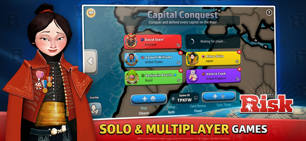 Sala de espera de juego multijugador de RISK: Dominación Global que muestra a jugadores de todo el mundo en una partida de Conquista de Capital.