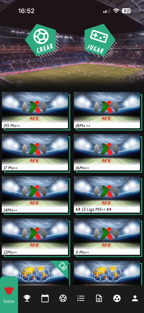Quiniela PRO - Quiniela PRO app home screen showing a list of Liga MX soccer pools and options to create or play.