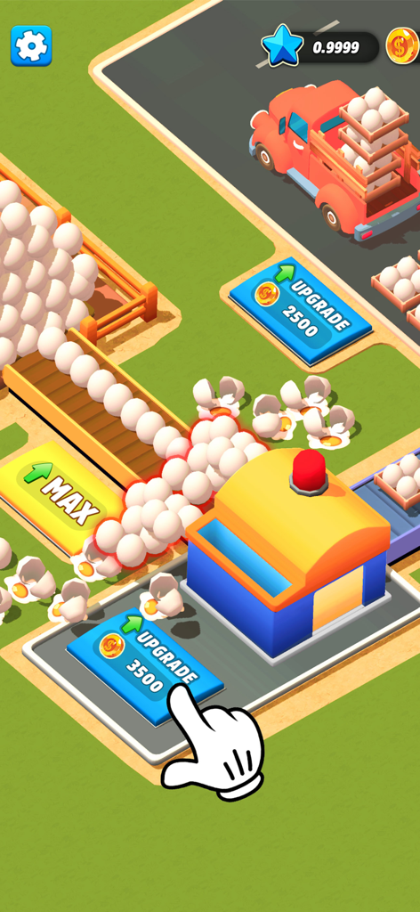 Factory Tycoon Idle Game - Gameplay screenshot of Factory Tycoon Idle Game showing an automated egg production line and upgrade buttons.