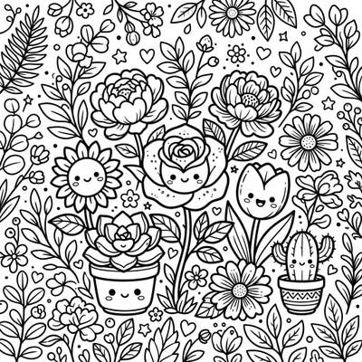 Unleash your creativity with this delightful Kawaii botanical coloring page. Adorable flowers and plants with cute faces fill a vibrant garden scene, waiting for your splash of color.
