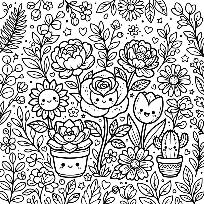 Unleash your creativity with this delightful Kawaii botanical coloring page. Adorable flowers and plants with cute faces fill a vibrant garden scene, waiting for your splash of color.