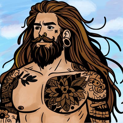 tattooed man with long hair and beard shirtless