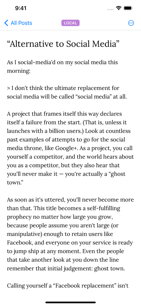 WriteFreely - Una interfaz de editor de texto limpia y sin distracciones en la aplicación móvil WriteFreely que muestra un borrador de formato largo.