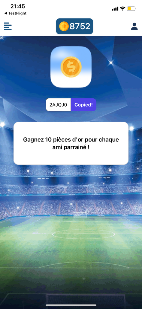 Fun Foot - Tela de indicação do aplicativo Fun Foot oferecendo moedas de ouro por convidar amigos.