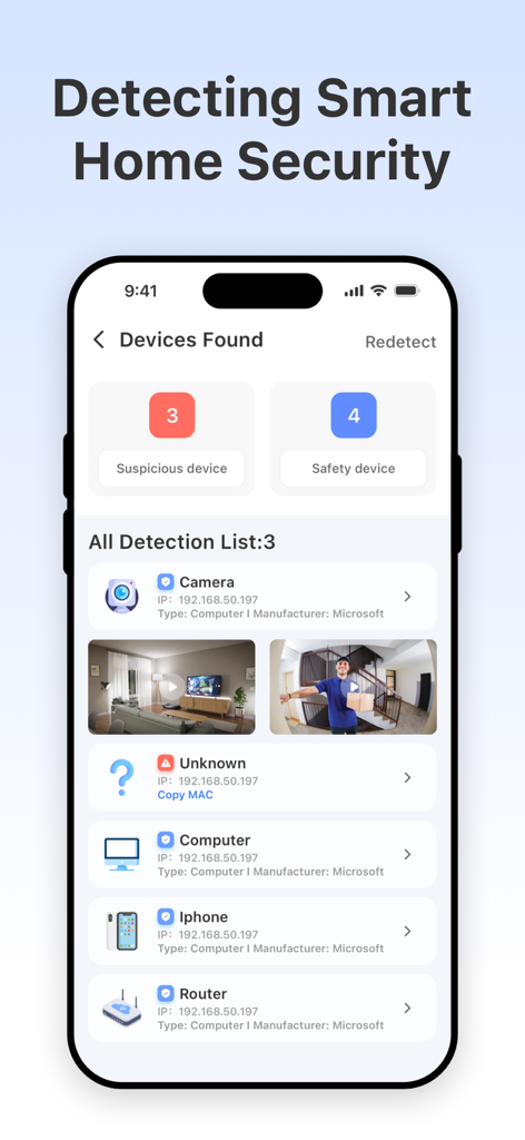Camera Connect - Home Security - Interfaz de la aplicación Camera Connect que muestra una lista de dispositivos sospechosos y seguros detectados en una red Wi-Fi.