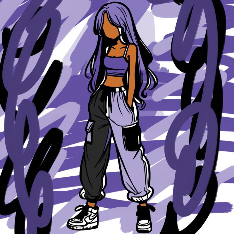 girl in baggy pants crop top and long hair