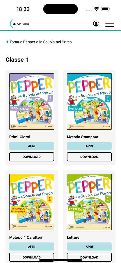 ELi APPBook interface displaying primary school digital textbooks for first grade