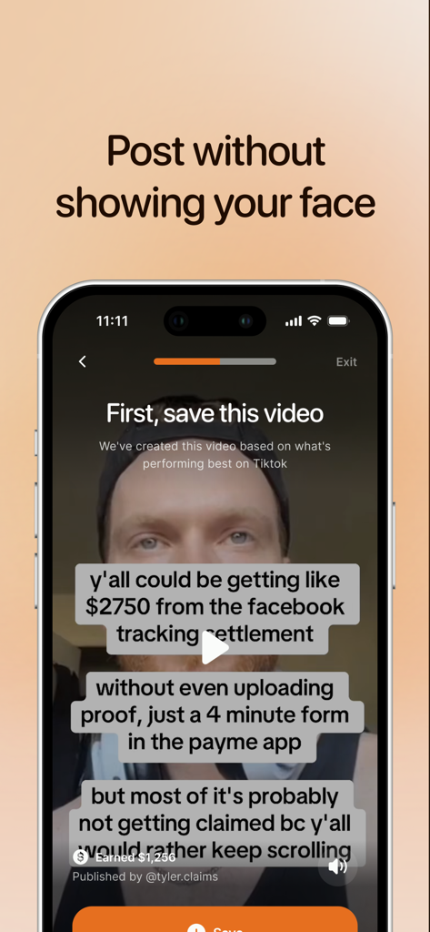 Relay - Get paid to post - Relayアプリの画面に、顔を表示せずにソーシャルメディア収益化のために投稿できる見出し付きの動画テンプレートを表示