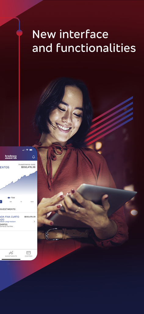 Bradesco Invest US - A woman smiles while using the new Bradesco Invest US app interface on a tablet and phone.