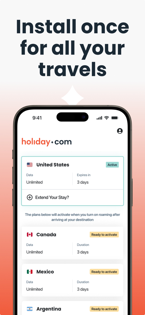Interfaz de la aplicación holiday.com que muestra planes de datos ilimitados para viajes internacionales
