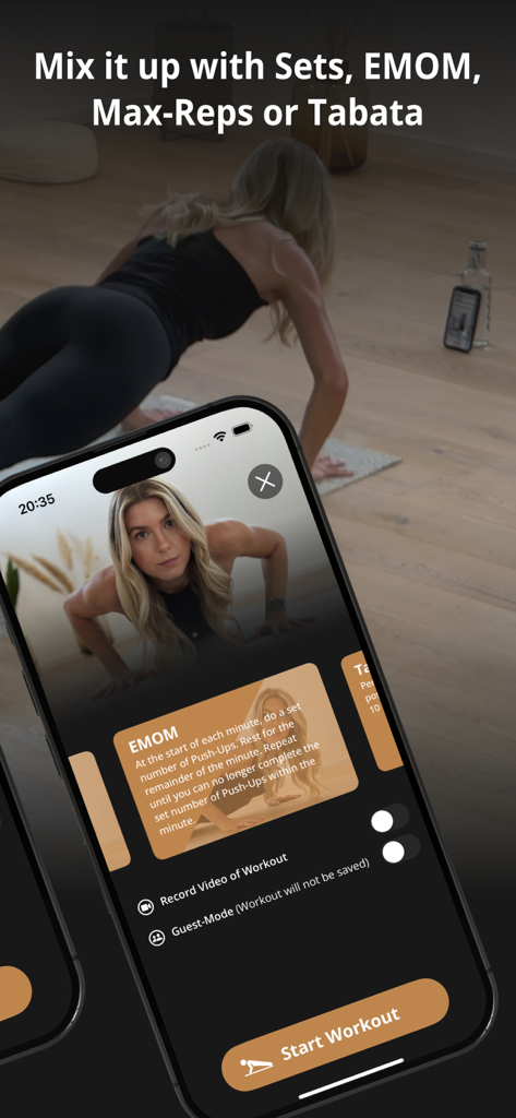 GOLDEN Push Up Pushup Tracker - Interfaz de la aplicación GOLDEN Push Up que muestra opciones de entrenamiento como EMOM y Tabata con un entusiasta del fitness al fondo.