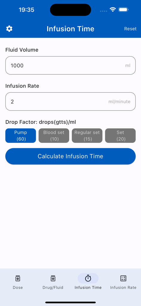 Medical app screen for calculating infusion time with fields for fluid volume infusion rate and drop factor selection