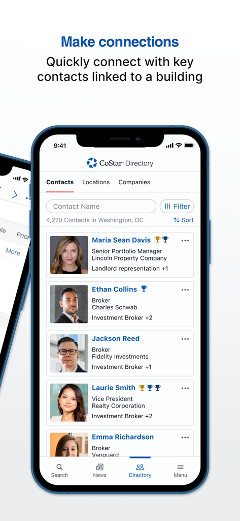 CoStar app directory showing commercial real estate professionals and contacts.