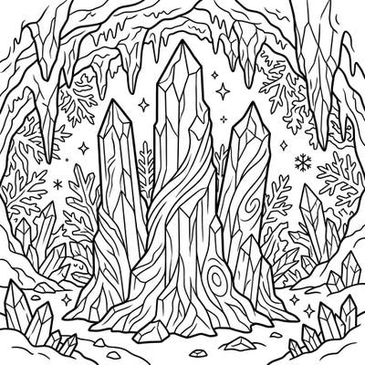 Discover the breathtaking beauty of an icy realm with this captivating Ice Columns coloring page. Immerse yourself in a frozen cave adorned with towering ice formations and shimmering crystals, ready for your creative touch.