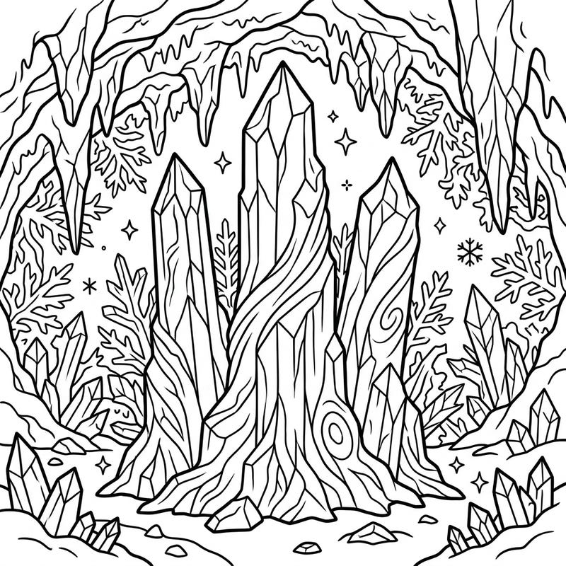 Discover the breathtaking beauty of an icy realm with this captivating Ice Columns coloring page. Immerse yourself in a frozen cave adorned with towering ice formations and shimmering crystals, ready for your creative touch.