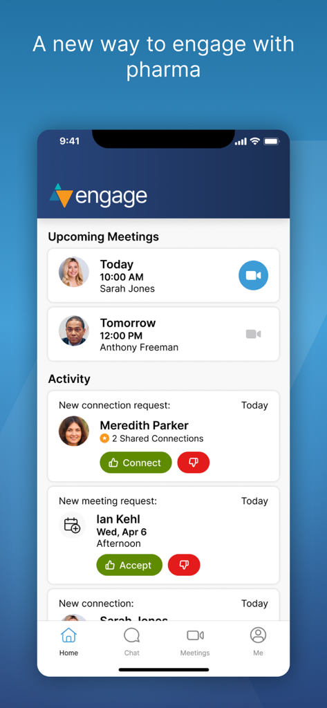 Schermata iniziale dell'app Veeva Engage che mostra le riunioni imminenti e le richieste di connessione per i professionisti medici