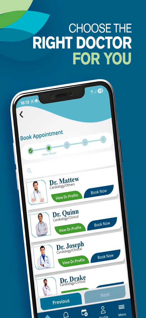 Interfaz de la aplicación CMC Beirut para elegir un médico y reservar una cita médica