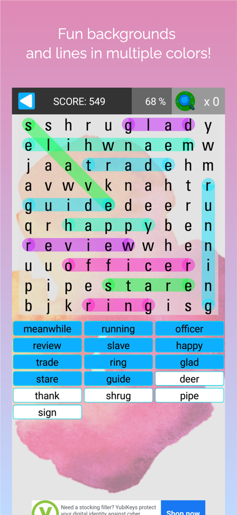busca palabras: word search - Interfaz del juego de sopa de letras móvil con líneas de resaltado de colores y un suave fondo de acuarela