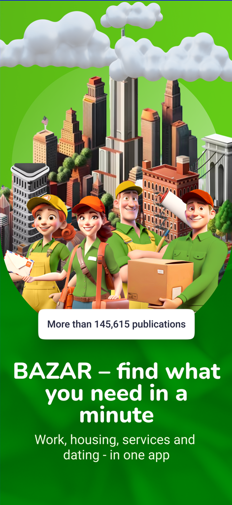 Bazar Club - バザールクラブアプリのプロモ画面。アメリカの移民向けの仕事、住居、サービスを表示