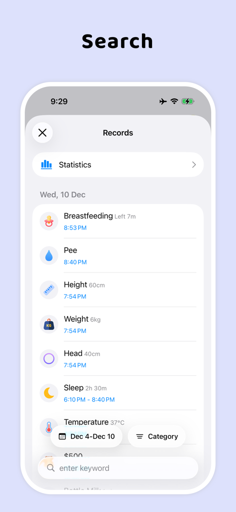 Ono Baby Tracker records screen displaying a list of daily logs for feeding sleep and diaper changes