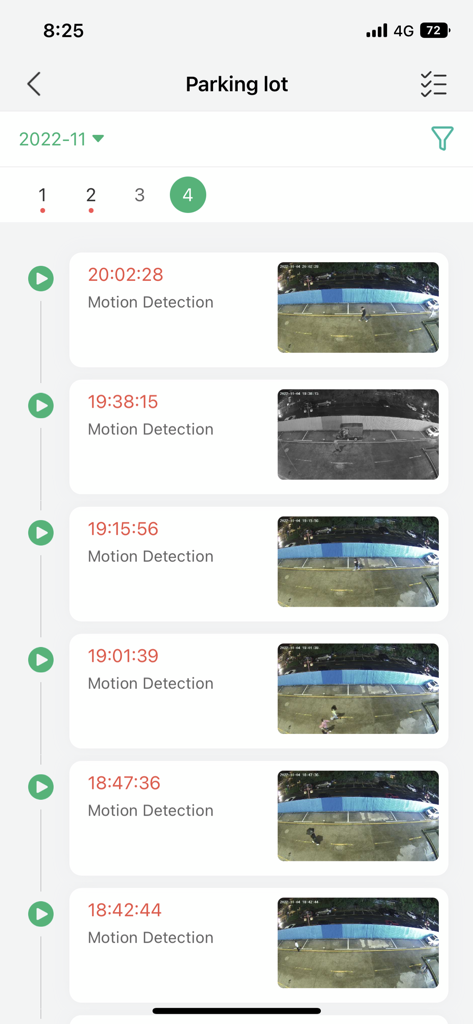 SV3C Cloud - List of motion detection alerts and timestamps for a parking lot security camera in the SV3C Cloud app.