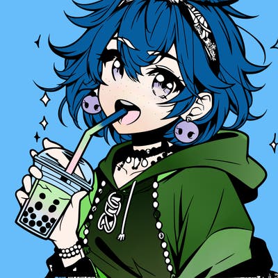 hot baddie anime girl drinking boba and biting the straw
