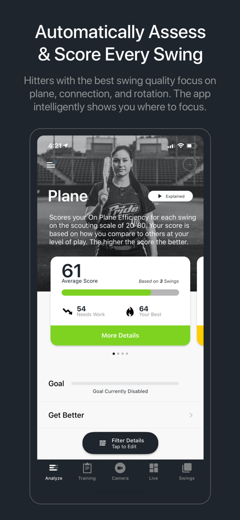Blast Softball - Blast Softball app interface showing swing plane efficiency score and performance metrics